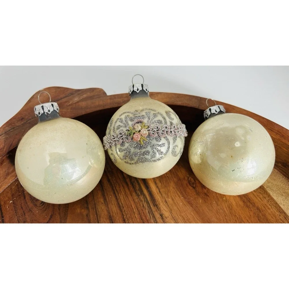 Vintage Krebs Victorian Glass Christmas Ornament Set Stunning Pearl Ivory Silver